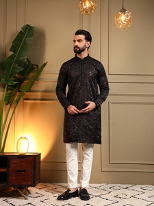 <b>Men</b> Black Glitter Silk <b>Kurta</b> Pajama Set Regular Fit Traditional Indian Pakistani Knee-Length Wrinkle Free Wedding Wear - Product Image 1