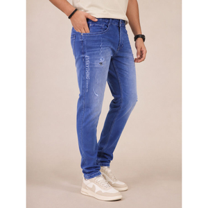 Jean en denim slim déchiré pour homme, coupe droite, avec détails déchirés et imprimé lettres, style décontracté, idéal pour le printemps - Product Image 1