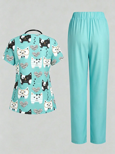 Ensemble de tenues médicales imprimées pour femmes, motif chat, haut à col en V et pantalon jogger, uniforme d'infirmière, extensible, pour vétérinaire et dentiste, mignon, fournisseur OEM personnalisé - Product Image 6