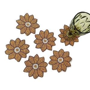 Round Light Blue With White Flower Design Beaded Handmade <b>Coaster</b> Set of Four Pieces - Product Image 3