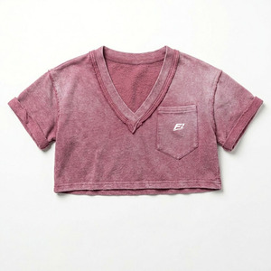 Vintage Fade Rose Cropped Vneck Cotton Jersey women's shirt Acid Wash Inspired Versatile Pairing Custom Embroidered Chest Pocket - Product Image 5