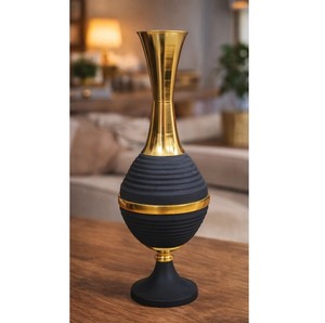 Luxury black <b>ribbed</b> flower <b>vase</b> with elegant gold finish accents, ideal for modern and premium home décor styling. - Product Image 1