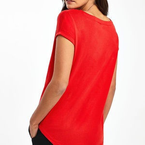 Camiseta Casual de Algodón Orgánico para Mujer, Cuello Redondo, Manga Corta, Color Rojo Sólido, Logotipo, Corte Regular, Tejido Jersey Transpirable, Ropa de Verano - Product Image 2