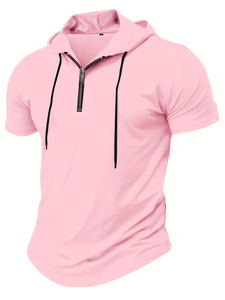 Men's Pink Hooded Henley Jersey T-Shirt Short Sleeve Regular Fit Solid Color Casual Knitted Pullover 200g - Product Image 3