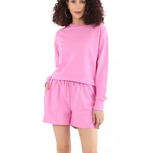 Conjunto de Ropa de Casa de Punto Rosa para Mujer, Sudadera de Cuello Redondo y Manga Larga con Pantalones Cortos, Algodón Suave, Ropa de Verano - Product Image 4