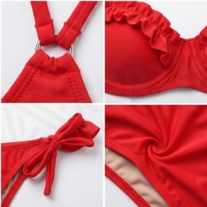 Ensemble de bikini rouge à volants North Approach pour femme, maillot de bain deux pièces bandeau avec bas string, couleur unie, tissu extensible - Product Image 4