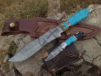 Nouvelle édition haut de gamme : Couteau à lame fixe en acier Damas personnalisé, type Bowie, pour la chasse et la survie, avec manche en laiton et pierre rose, objet de collection