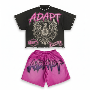 Ensemble T-shirt et short streetwear noir et rose, col rond, manches courtes, imprimé, unisexe, tenue décontractée d'été - Product Image 1