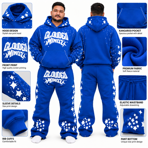 Ensemble survêtement homme personnalisé 350 GSM avec impression en relief et strass, bleu, coupe oversize, streetwear, marque privée, OEM, vente en gros - Product Image 6