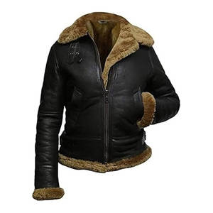 Blouson aviateur en peau de mouton véritable marron pour femme, avec capuche amovible, chaud pour l'hiver, style pilote - Product Image 2