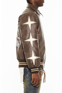 Men's Brown PU Leather Bomber Jacket Embroidered Letter C <b>Vintage</b> Style Turn-down Collar Zipper Closure - Product Image 3