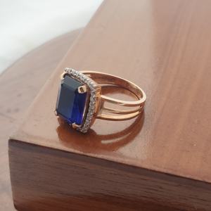 18K Solid Rose Gold Blue Sapphire Emerald Cut <b>Ring</b> Diamond Halo <b>Split</b> Shank Statement Cocktail <b>Ring</b> for Women Jewelry Gift - Product Image 3