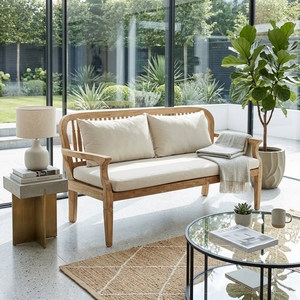 Premium wooden kaliandra double <b>sofa</b> minimalist solid teak <b>wood</b> living room two seater couch natural cream cushion seating unit - Product Image 4