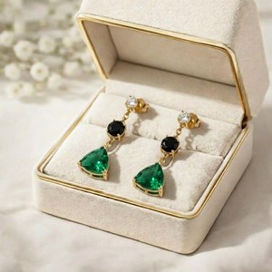Natural Trillion Cut Emerald <b>Earrings</b> With Black Obsidian Drop CZ Accent <b>Stud</b> <b>Earrings</b> 925 Sterling <b>Silver</b> Elegant Minimalist - Product Image 5
