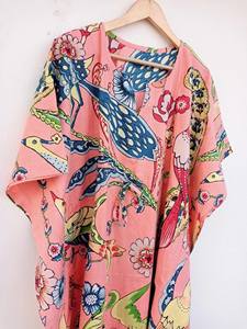 Robe Kaftan ample à imprimé floral vintage pour femmes, col en V, manches 3/4, 100% coton, style bohème indien fait main, plage - Product Image 2