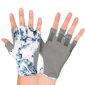 Gants de pêche demi-doigts unisexes synthétiques toutes saisons à motif gris, bleu et blanc - Product Image 1