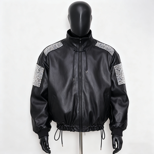 Blouson Bomber en Cuir PU pour Homme, Orné de Strass en Cristal, Col Montant, Fermeture Éclair, Style Urbain - Product Image 1
