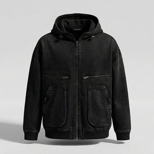 Men's <b>Black</b> Denim <b>Jacket</b> with Zipper Closure Solid Color Hooded Design 100% Polyester Woven Fabric Men's <b>Jeans</b> <b>Jacket</b> Bulk Order - Product Image 1