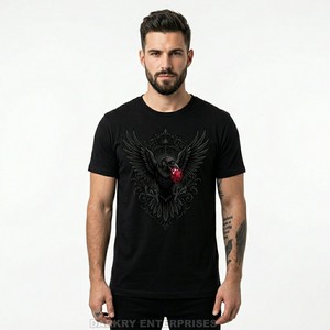 T-shirt graphique personnalisé pour homme, motif corbeau, en coton noir, imprimé oiseau, style gothique, sérigraphie de haute qualité, vêtements streetwear, fabricant - Product Image 1