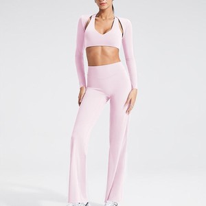 Pink 2 Piece Yoga Set V Neck <b>Crop</b> <b>Top</b> Full Length High Waist Leggings Seamless Breathable Spandex Polyester - Product Image 1
