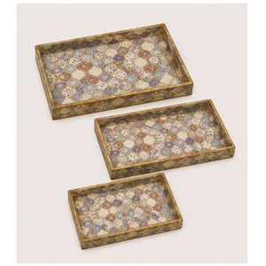 Ensemble de 3 plateaux de service et de rangement rectangulaires uniques en bois de manguier, faits à la main, émaillés, avec motifs botaniques, très demandés - Product Image 5