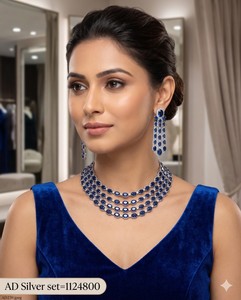 Luxury <b>Silver</b> Plated American Diamond Jewelry Set With Sparkling Blue Oval Stone Layered <b>Choker</b> AD JEWELLERY Set Party Wear Gift - Product Image 3