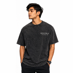 Unisex Luxury O-Neck Oversized <b>Collarless</b> Short Sleeve 100% Cotton Fleece Soft Acid Wash Front Embroidered Logo Quick Dry Casual - Product Image 1