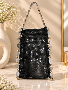 <b>Black</b> Sequin <b>Mini</b> <b>Bag</b> Chain Strap Pouch Bell Trim Shoulder Handbag for Party Evening - Product Image 1