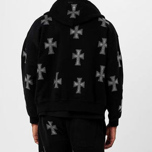 Conjunto Deportivo de Hombre con Sudadera con Capucha Negra y Cierre Completo, Diseño con Pedrería Cruzada, Pantalones Jogger, Estilo Urbano, Dos Piezas - Product Image 4