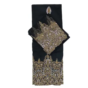 Special offer Nigerian Traditional wedding hand stoned silk George Wrappers and matching net blouse Black with gold crystal ston