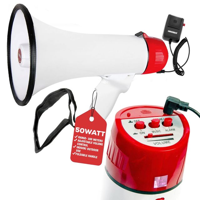 Portable 50W Megaphone Bull Horn PA Speaker With USB Recording Rechargeable Battery Built In Lithium Power Handlebar Mount