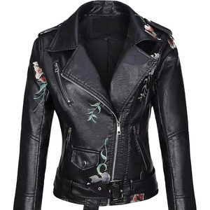 Women's Black PU <b>Leather</b> Hooded Thick <b>Winter</b> Casual Moto <b>Jacket</b> with Zipper Closure Slim Fit Regular Sleeve Turn-down Collar - Product Image 1