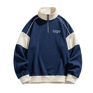Sweat-shirt à capuche rétro américain pour homme, 100 % coton molletonné, col montant, demi-zip, brodé, coupe oversize et ample - Product Image 1