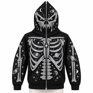 Gothic Skeleton Solid <b>Zip</b>-Up <b>Hoodie</b> Unisex Oversized Fit <b>Black</b> Hooded French Terry Windproof Autumn Wear Glitter Print - Product Image 1