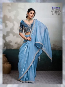 Sari de Seda Bordado de Diseño Glamuroso, Largo hasta el Suelo, Diseño Moderno para Fiestas, Bodas, Eventos Culturales, Suave y Largo - Product Image 1