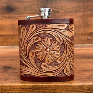 Wholesale Hand Tooled Leather Hip Flask Western Floral Genuine Leather 8oz Flask Cover Top Grain Leather Stainless Steel Flask - Product Image 3