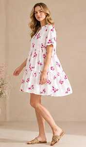 Robe Courte Évasée à Col en V Imprimé Floral, Manches Courtes, Coupe Ample, Décontractée, Respirante, 100% Coton Tissé, Ourlet Étages pour l'Été - Product Image 4