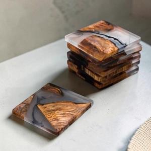 MN EXPORTS Handcrafted Resin Wood Coaster <b>Set</b> <b>Square</b> Modern Design Non-Slip Table Mats 5mm Thickness From Uttar Pradesh - Product Image 1