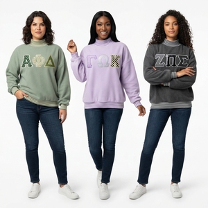 Sweat-shirt à col roulé surdimensionné pour femme, couleur crème, avec imprimé Zeta Chi Pi et ourlet rayé, pour l'automne - Product Image 6