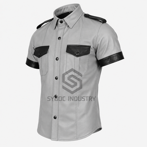 เสื้อเชิ้ตหนังแกะผู้ชาย แขนสั้น สีทูโทน เทา-ดำ แต่งอีโปเล็ต สไตล์ยูนิฟอร์ม หนังลูกแกะ เสื้อคลับแวร์ - Product Image 4