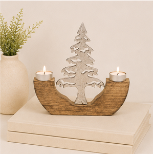 Handcrafted Rustic Christmas Tree Candle Holder With Mango Wood Base And Aluminum Metal Tree Dual <b>Tea</b> Light <b>Stand</b> Home Decor - Product Image 4