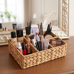 Handwoven Water Hyacinth Desk Organizer – 6-Compartment Woven Storage Basket <b>Tray</b> for <b>Office</b>, Home Decor & Desk Accessories - Product Image 3