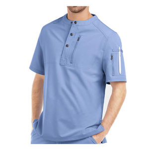 เสื้อสครับสีน้ำเงินแบบยูนิเซ็กซ์ ผ้าฝ้ายผสมโพลีเอสเตอร์ ทอแบบถัก สำหรับชุดยูนิฟอร์มโรงพยาบาล มีกระเป๋าใส่หูฟังแพทย์ ติดกระดุมด้านหน้า พร้อมช่องเก็บของ - Product Image 2