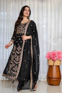 Ladies Embroidered <b>Top</b> Pant Dupatta Set Faux Blooming <b>Sequins</b> Zari Thread Moti Lace Designer Wedding Festive Party Ethnic Wear - Product Image 5