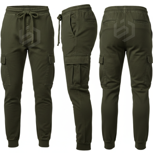 Men's Olive Green Cargo Sweatpants Elastic Waist Drawstring Multiple Pockets Casual Joggers Midweight Canvas Fabric Autumn Wear - Product Image 1