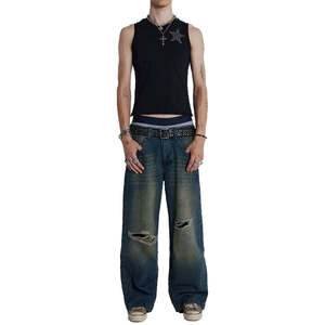 Jean large pour homme en denim déchiré, coupe ample, taille mi-haute, style hip-hop streetwear, en coton tissé pour l'automne - Product Image 2