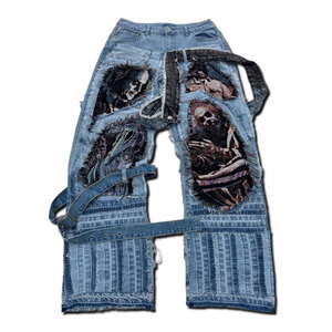 EXITO INTL Gothic Ripped Denim Pants Pockets Straps <b>Men's</b> Distressed Streetwear Style Elastic Baggy for Wash <b>Drawstring</b> - Product Image 1