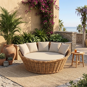 Thaloone Outdoor Round Rattan Daybed Premium Wicker Sunbed Resort Style Lounge Furniture With Daphni <b>Cream</b> Fabric Cushions Patio - Product Image 4