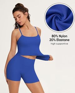Ensemble 2 pièces de yoga pour femme : justaucorps à dos croisé et short taille haute, sans couture, bleu uni, respirant, en Spandex/Nylon, tenue d'entraînement - Product Image 4