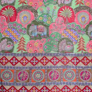 Royal Elephant Motif Silver <b>Sequined</b> Peacock Palm Tree Floral Scallop Arches Jharokha <b>Art</b> Design Geometric <b>Sequined</b> Border Crepe - Product Image 3